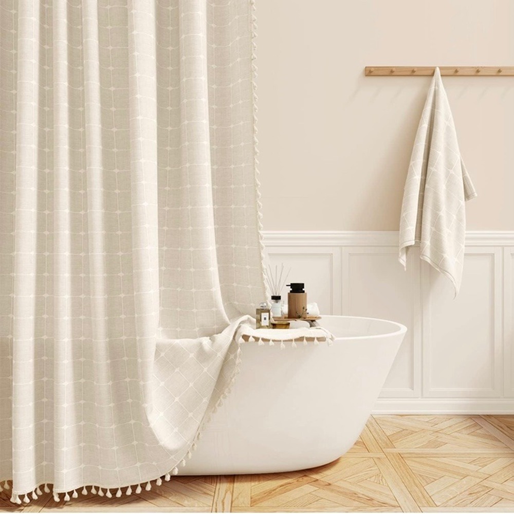Linen Shower Curtain Beige 72x73 Boho Tassel‎ Water Repellent Farmhouse Spa NWOT